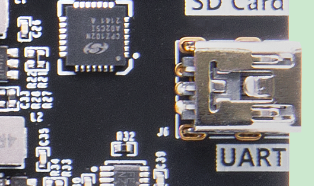 图片显示了一个电路板上的USB转串口接口，其中“UART”字样清晰可见，旁边是一个金色的USB接口。这幅图在文档中用于展示USB转串口的实物图，配合图6-1 USB转串口示意图，帮助读者理解USB转串口的实际外观和布局。