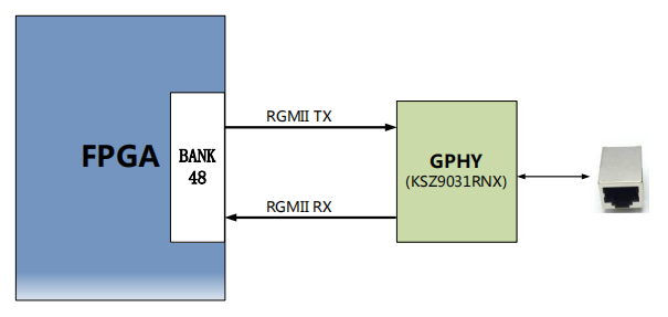 图片展示了FPGA与GPHY芯片（KSZ9031RNX）之间的连接示意图。FPGA通过RGMII总线与GPHY芯片通信，传输时钟为125MHz，数据在时钟的上升沿和下降沿采样。GPHY芯片通过RGMII总线接收来自FPGA的数据。该图在上下文中用于说明当网络连接到千兆以太网时，数据传输的通信方式和时钟频率。