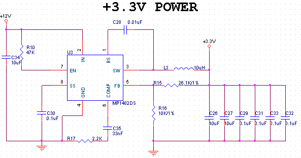 图片内容：该电路图展示了+3.3V电源的原理，包括输入电压12V，通过电阻R10和电容C34进行滤波，然后通过MP1482芯片进行转换，输出+3.3V电压。电路中还包含多个电容（C28、C29、C30、C31、C32、C33、C34、C35、C36）和电阻（R15、R16、R17、R18、R19、R20、R21、R22、R23、R24、R25、R26、R27、R28、R29、R30、R31、R32、R33、R34、R35、R36、R37、R38、R39、R40、R41、R42、R43、R44、R45、R46、R47、R48、R49、R50、R51、R52、R53、R54、R55、R56、R57、R58、R59、R60、R61、R62、R63、R64、R65、R66、R67、R68、R69、R70、R71、R72、R73、R74、R75、R76、R77、R78、R79、R80、R81、R82、R83、R84、R85、R86、R87、R88、R89、R90、R91、R92、R93、R94、R95、R96、R97、R98、R99、R100、R101、R102、R103、R104、R105、R106、R107、R108、R109、R110、R111、R112、R11