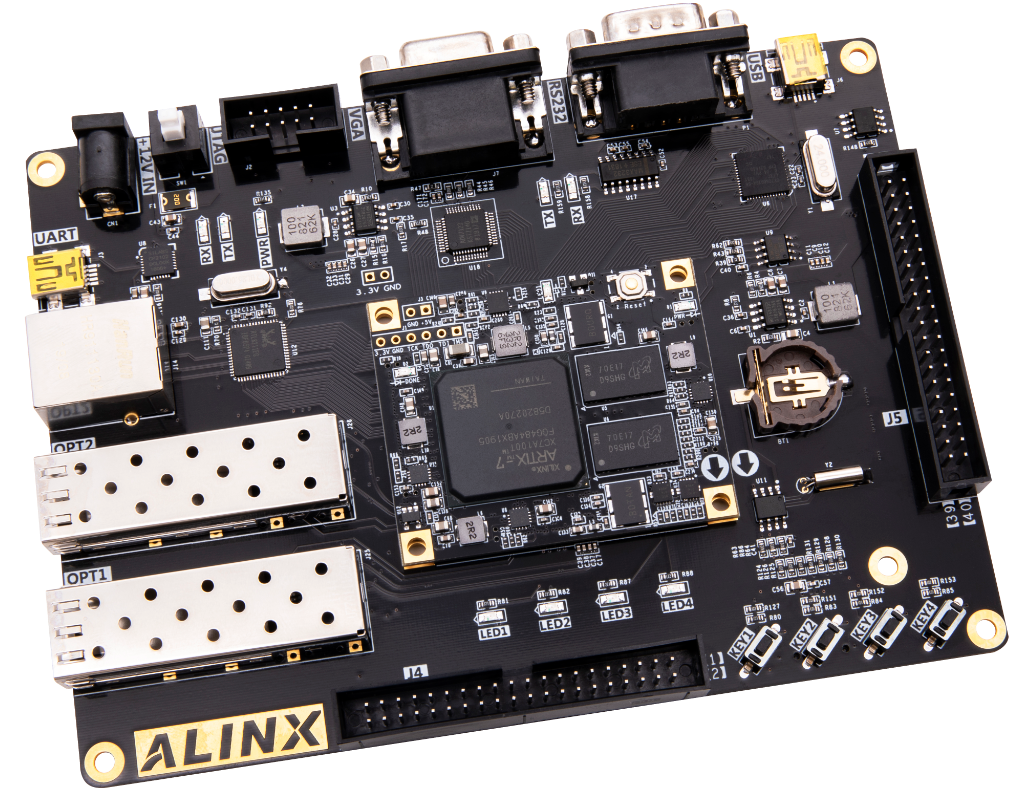 图片展示了一块ALINX AX7102开发板，其正面印有ALINX的标志。开发板上集成了多种接口，包括2路光纤模块接口、一路千兆以太网接口、一路USB2.0接口、VGA输出接口、Uart接口和RS232接口等。这些接口设计丰富，满足了用户在高速数据传输、视频处理和工业控制等方面的需求。图片在文档中起到直观展示AX7102开发板的功能和接口配置的作用，帮助读者更好地理解其特点和应用范围。