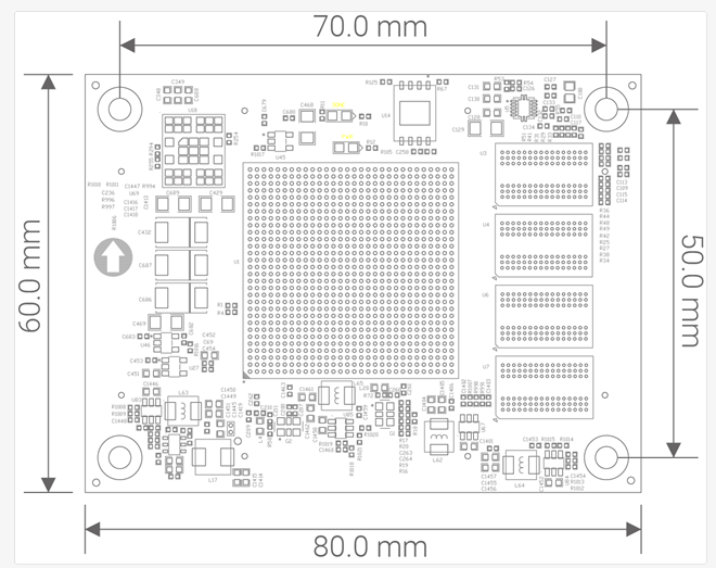 图片展示了一块电路板的结构图,尺寸为80.0 mm x 60.0 mm x 70.0 mm。电路板上标注了多个引脚和组件,包括两个圆形孔洞和多个矩形区域,可能代表不同的功能模块。该图在文档中用于展示AC7K325B核心板的结构布局,帮助用户理解电路板的物理构成和布局设计。