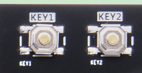 图片中展示了两个按键，分别标记为KEY1和KEY2。按键表面为金属材质，周围有金属触点。图片位于文档中复位按键和用户按键的章节，用于直观展示用户按键的实物外观，帮助读者更好地理解按键的结构和布局。