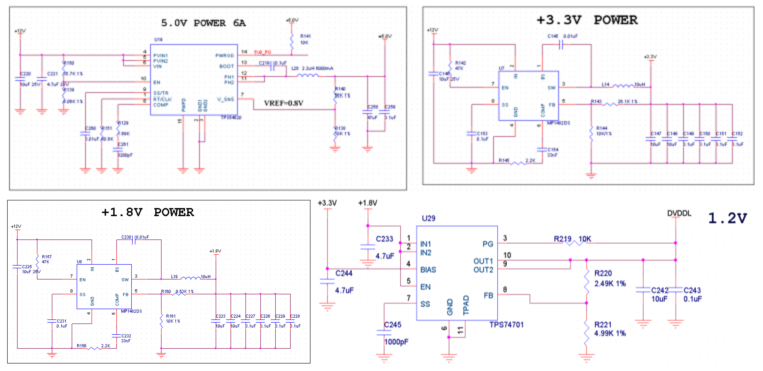 图片展示了扩展板电源电路的原理图，包括+5V、+3.3V、+1.8V和1.2V电源的电路设计。电路中包含多个电阻、电容和电源管理芯片，如TPS74701。这些电路设计用于为扩展板提供稳定的电源供应。图片在上下文中起到解释扩展板电源设计的作用，帮助读者理解电源电路的工作原理和具体实现。