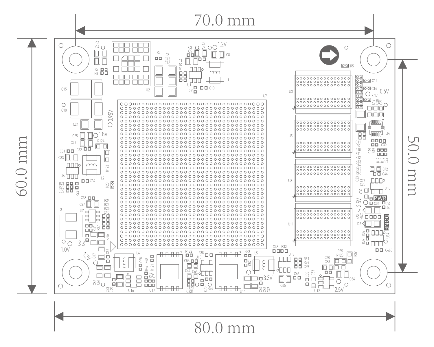 图片展示了一块电路板的结构图,尺寸为80.0 mm x 60.0 mm x 50.0 mm。电路板上分布着多个电子元件,包括电源接口、DCDC电源芯片、LDO芯片等。图片中的电源接口部分被突出显示,标注了+12V、+0.95V、+1.2V、+1.8V、+3.3V和MGTAVTT等电压输出。该图在上下文中用于说明电源设计示意图,帮助读者理解电源接口部分的布局和功能。
