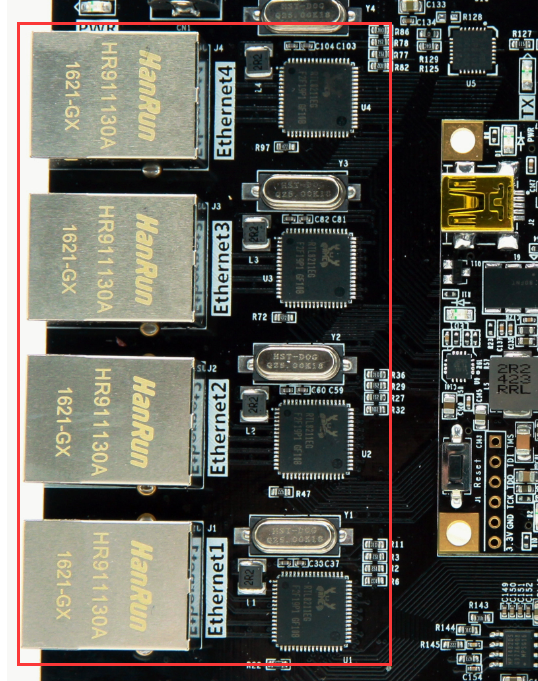 图片内容:图片展示了四块HanRun HR911130A芯片,分别标记为Ethernet1、Ethernet2、Ethernet3和Ethernet4,位于电路板的左上角。这些芯片通过红色边框框出,突出显示。图片在上下文中起到直观展示千兆以太网接口实物的作用,帮助读者理解千兆以太网接口在扩展板上的布局和实际连接情况。