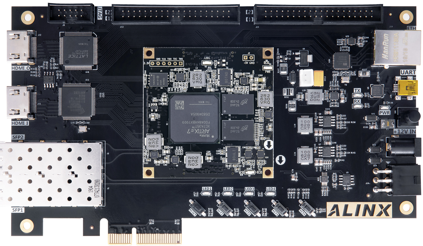 图片展示了一块AX7A035B开发板，板上集成了多种外围接口，包括PCIe x2接口、光纤模块接口、HDMI输出和输入接口、千兆以太网接口、UART接口和SD卡接口。这些接口设计旨在满足高速数据传输、视频图像处理和工业控制的需求，为FPGA开发平台提供了全面的功能支持。图片在文档中起到直观展示开发板功能和接口布局的作用，帮助读者更好地理解开发板的特性。