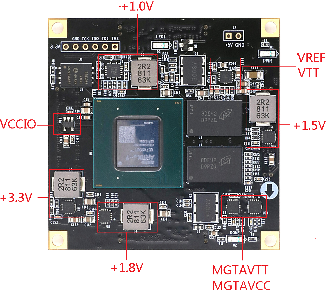 图片显示了AX7A200开发板电源部分的实物图，标注了+1.0V、+1.8V、+3.3V、+1.5V、VREF/VTT（+0.75V）、VCCIO（+3.3V）、MGTAVTT（+1.2V）和MGTAVCC（+1.0V）等电源电压及其对应的功能模块。这些标注清晰地指出了电源电路在开发板上的分布和作用，与上下文中的电源功能描述相呼应，帮助读者理解电路设计的上电顺序和电源分配。