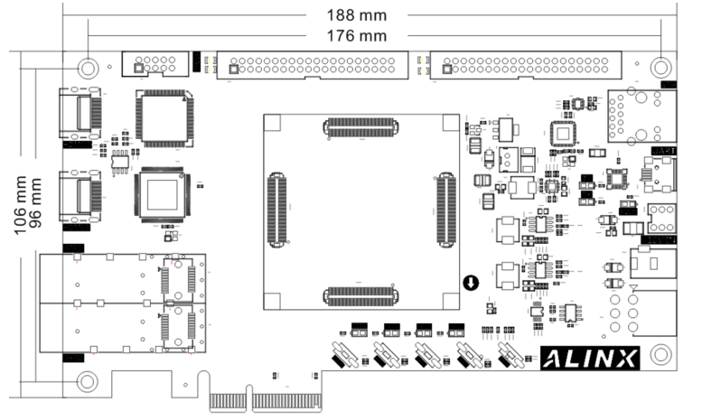 图片内容：该图展示了AX7A035开发板的正面图，图中标注了开发板的尺寸，包括长188mm、宽176mm、高106mm。开发板上分布着多个电子元件和接口，如FPGA芯片、MOSFET管、J8插座等，这些元件和接口在开发板的布局中清晰可见。图片在上下文中作用：该图作为开发板原理图的一部分，帮助读者理解风扇的设计和电源连接，以及开发板的整体结构和尺寸。