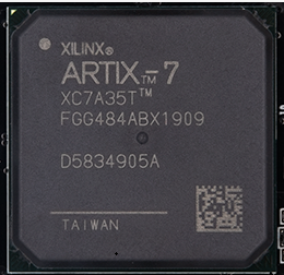 图片中展示了一块XILINX ARTIX-7 XC7A35T FPGA芯片，其型号为FGG484ABX1909，生产批次为D5834905A，产地为台湾。该芯片的型号和参数在文档中被详细列出，图片中的芯片实物与文档中的描述相匹配，进一步验证了FPGA芯片的规格和型号。