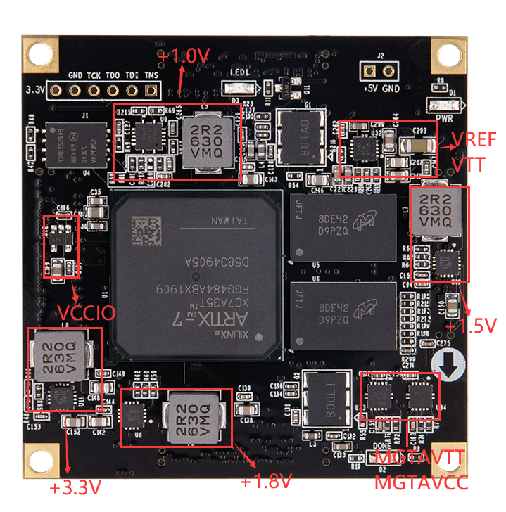 图片显示了AX7A035B开发板的电源部分实物图，标注了+1.0V、+1.8V、+3.3V、VCCIO、VREF/VTT、MGTAVTT和MGTAVCC等电源电压及其对应的功能。这些标注清晰地指出了电源接口的具体位置和电压值，与上下文中的电源功能描述相呼应，帮助读者理解开发板电源设计的细节。