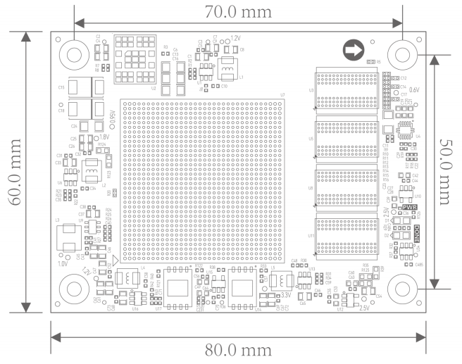 图片展示了一块电路板的结构图,尺寸为80.0 mm x 60.0 mm x 50.0 mm。电路板上分布着多个电子元件,包括电源接口、DCDC电源芯片、LDO芯片等。图片在上下文中用于展示AXKU062开发板的结构布局,帮助读者理解电源设计示意图中的各个部分在实际电路板上的位置和连接关系。
