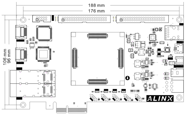 图片内容：这是一张AX7A035B开发板的正面图，显示了开发板的尺寸为188mm x 176mm，以及板上的主要组件布局。开发板上有一个ALINX标志，表明这是ALINX公司的产品。图片中还标注了风扇的电源连接位置，红色为正极，黑色为负极。 图片作用：这张图片在文档中用于展示AX7A035B开发板的结构尺寸和主要组件布局，帮助读者理解开发板的整体设计和风扇电源连接方式。