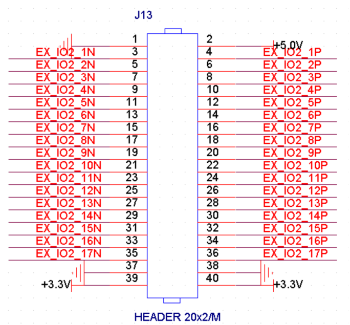 图片显示了扩展口J13的电路图，其中引脚1至39分别标注了EX_IO2_1N至EX_IO2_17P的名称，以及+5V和+3.3V的电源连接。该电路图详细标注了每个引脚的功能和连接，有助于用户理解扩展口J13的具体配置。在文档上下文中，这张图片用于解释扩展口J13的引脚分配和电路连接，帮助用户更好地理解和使用AX7A035开发板的扩展功能。