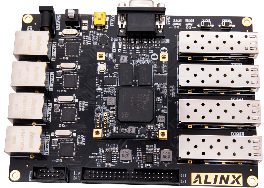 图片展示了一块AX7101开发板,其正面印有“ALINX”字样。开发板上集成了多个接口,包括4个千兆以太网接口和4个光纤模块接口,用于高速数据传输和交换。此外,开发板上还配备了多个芯片和连接器,方便用户进行二次开发。图片在文档中用于直观展示AX7101开发板的外观和主要接口配置,帮助读者更好地理解其功能和应用。
